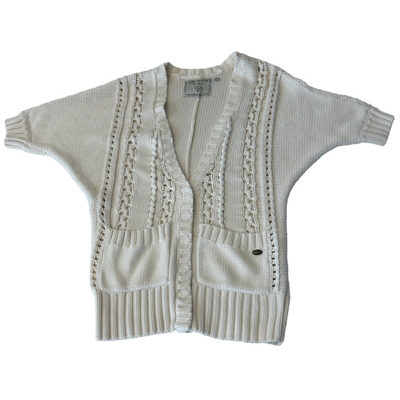 Guess Women Knit Cardigan Short Sleeve Sx XS Ivory Snap Front Cotton Pockets - Picture 1 of 6